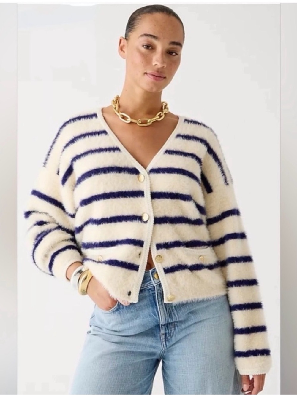 J.Crew Cream and Navy Striped V-Neck Brushed Cardigan Sweater - Women
